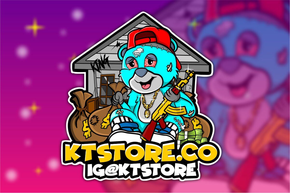 A cartoon mascot logo of a teddy bear holding money bags and living the luxurious life.