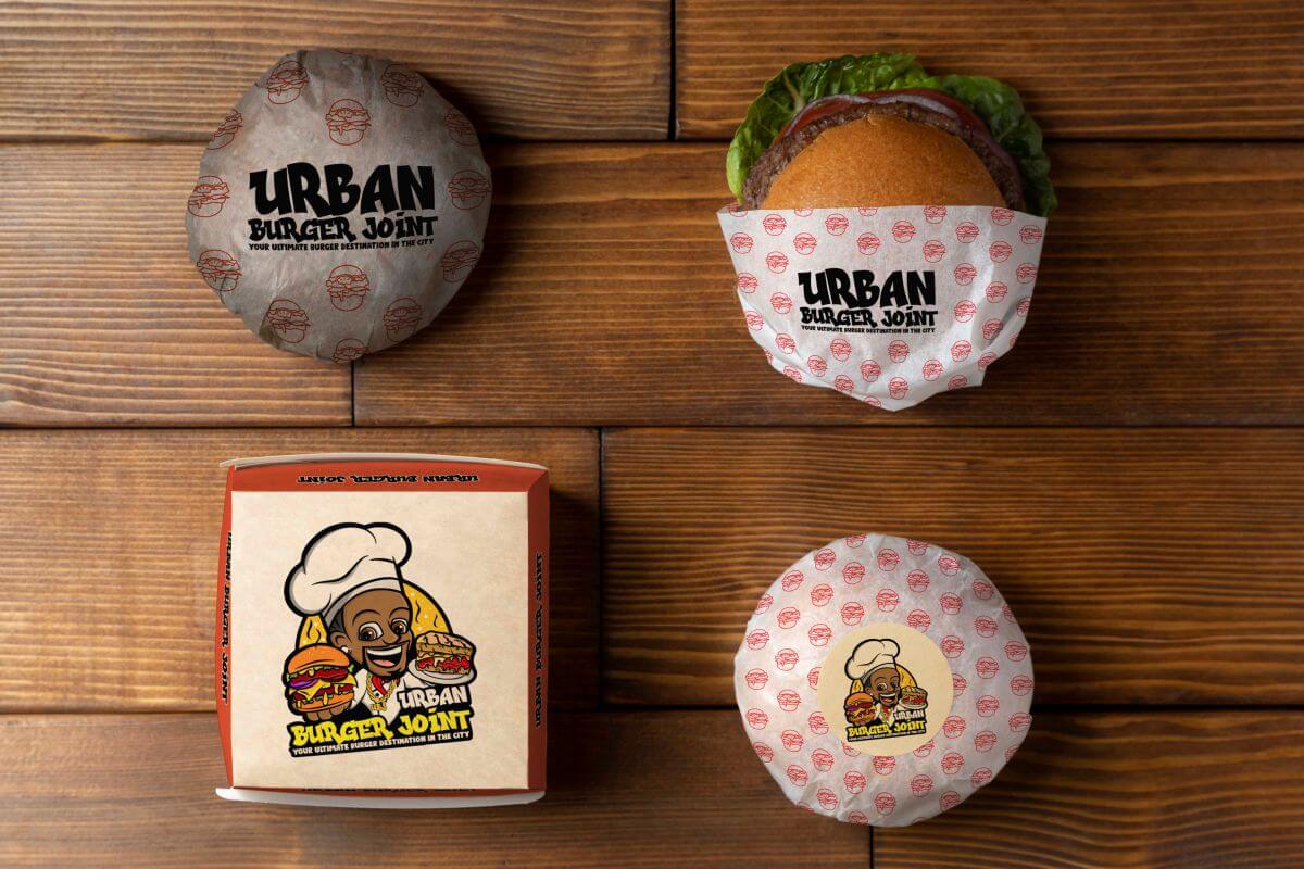 Cartoon mascot logo for Fast Food & Restaurant Chains featuring a burger rapper and a lunch box mockup.