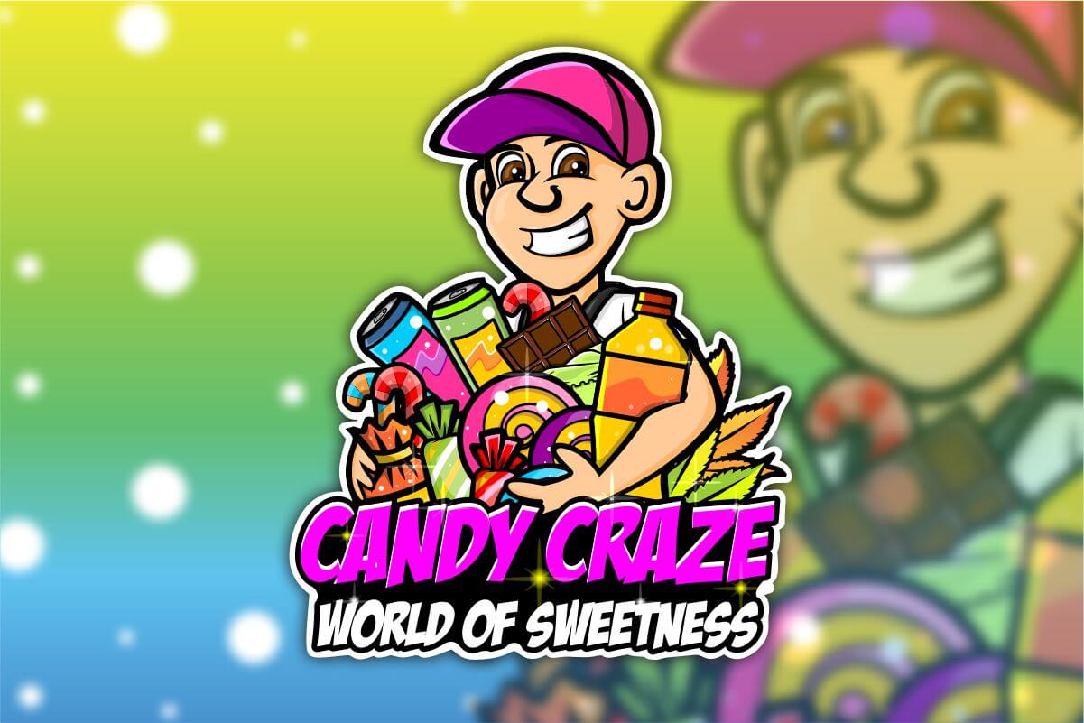 A cartoon mascot logo of a playful and colorful candy character holding a lollipop.