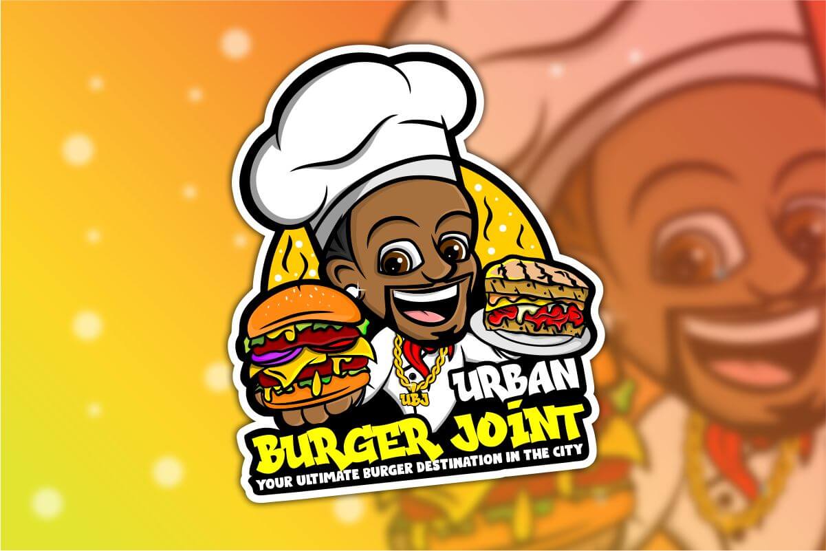 A cartoon mascot logo of a happy burger chef wearing a chef hat and holding a juicy burger.