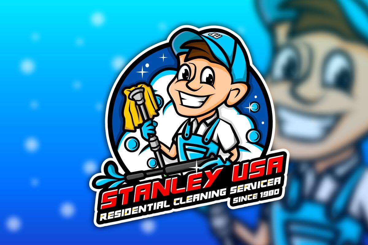 A cartoon mascot logo of a smiling janitor holding a mop and bucket standing in front of a sparkling clean building.