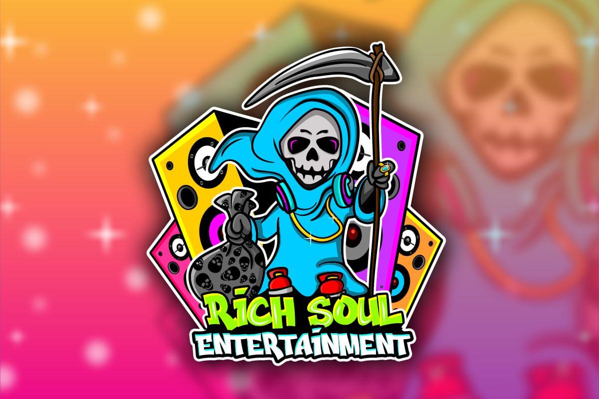 A cartoon mascot logo of a lively and talented musician playing music for a party and entertainment.