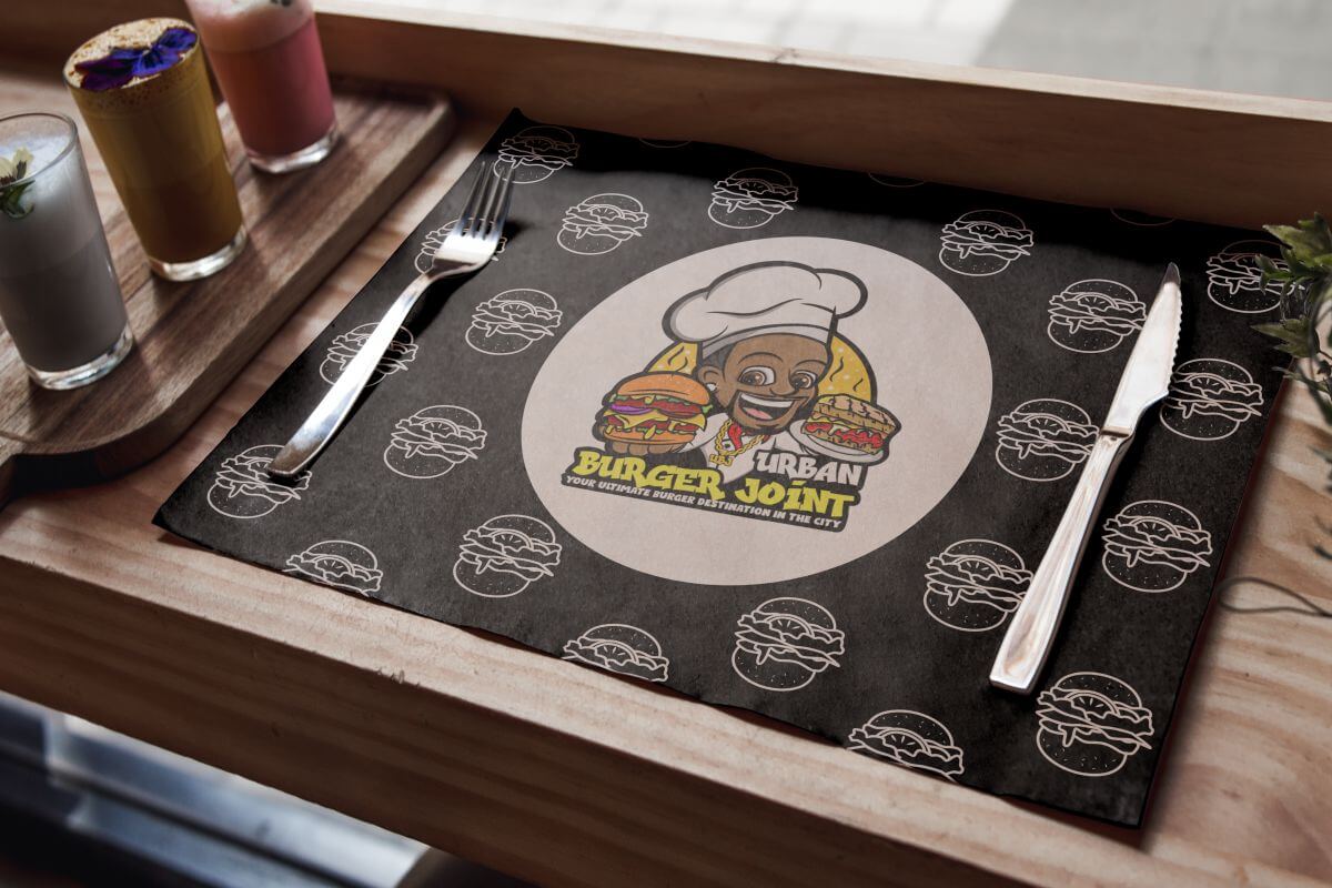 Cartoon mascot logo for Fast Food & Restaurant Chains featuring a lunch rapper and a restaurant serving tray mockup.