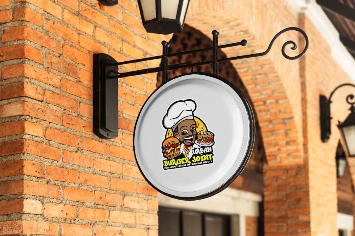 Cartoon mascot logo for Fast Food & Restaurant Chains featuring a restaurant brand showing board and a notice board mockup.