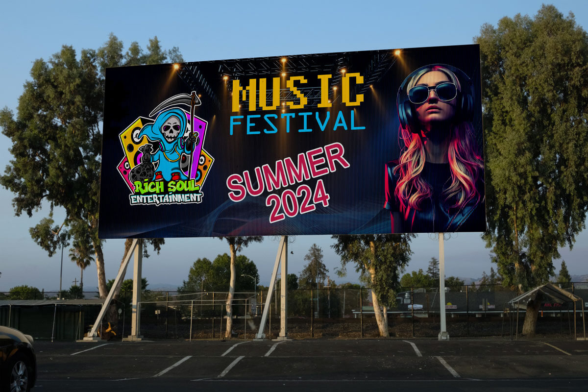 A cartoon mascot logo of a reaper playing music, shown on a billboard mockup image with a music festival announcing banner mockup.