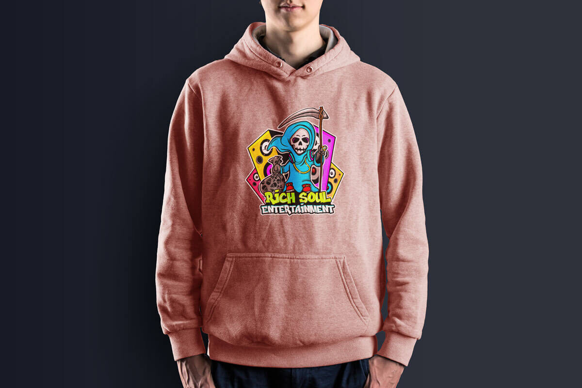 A cartoon mascot logo of a reaper playing music, shown on a hoodie dress mockup image.