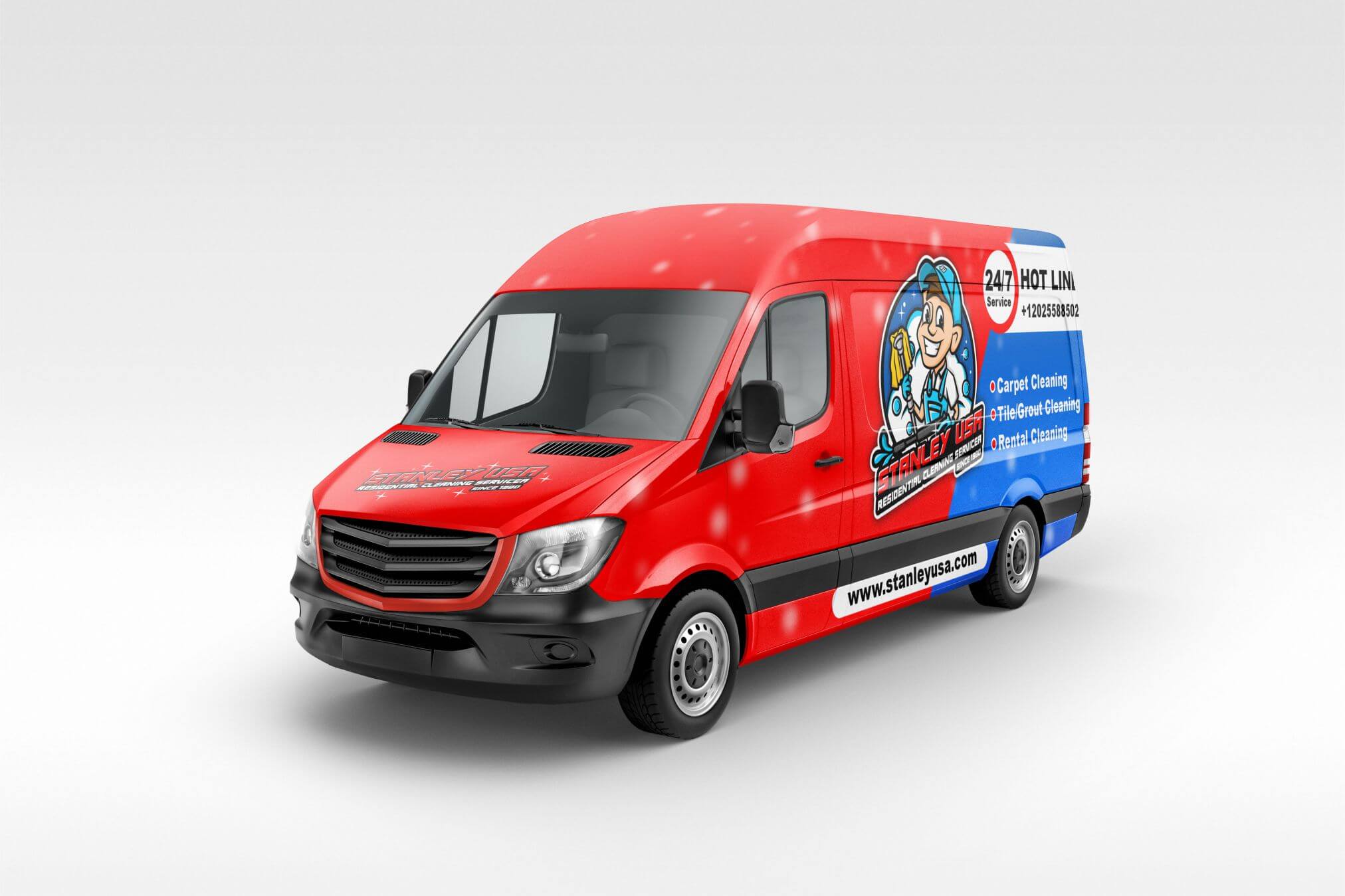 A cartoon mascot logo of a man holding cleaning equipment standing next to a mockup image of a company van.